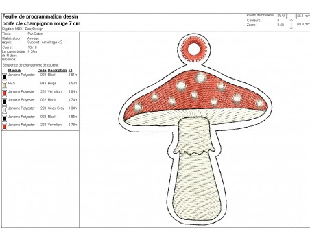 machine embroidery ith  red mushrooms keychain