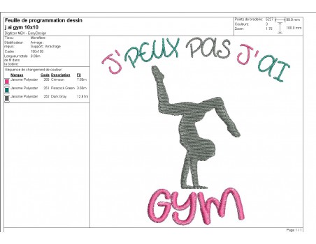 Motif de broderie machine  j'peux pas j'ai gym