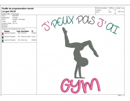 Motif de broderie machine  j'peux pas j'ai gym