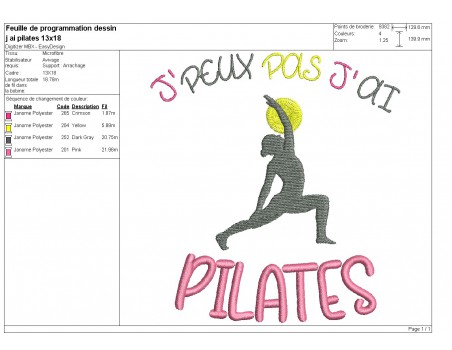 Motif de broderie machine  j'peux pas j'ai pilates