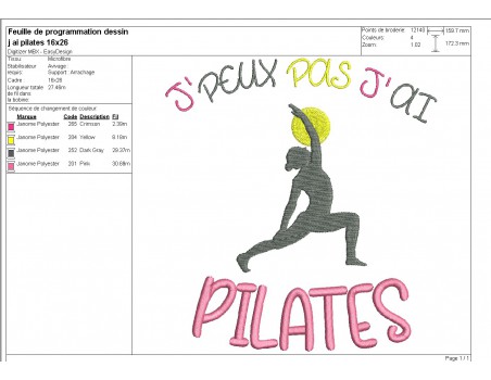 Motif de broderie machine  j'peux pas j'ai pilates