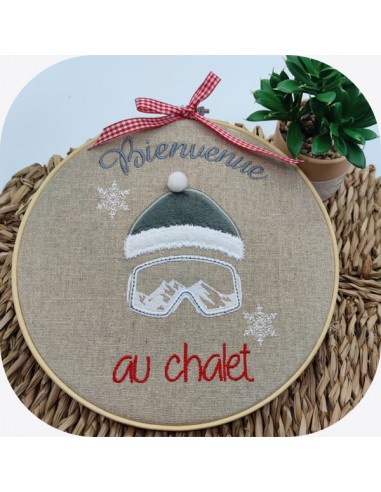 Motif de broderie machine bonnet ski  bienvenue au chalet