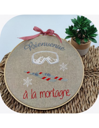 Motif de broderie machine  ski et masque  bienvenue à la montagne