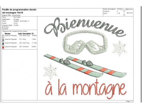 Motif de broderie machine  ski et masque  bienvenue à la montagne