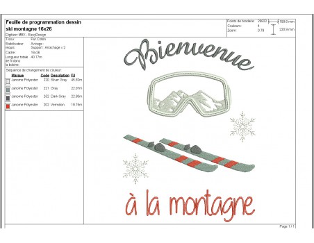 Motif de broderie machine  ski et masque  bienvenue à la montagne