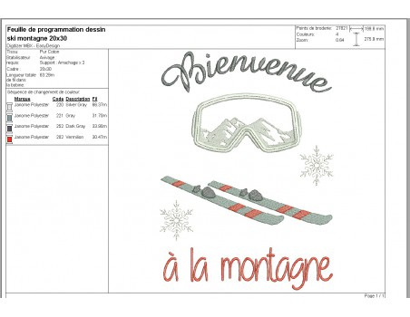 Motif de broderie machine  ski et masque  bienvenue à la montagne