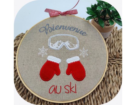 Motif de broderie machine moufles et masque   bienvenue au ski