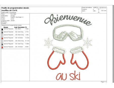 Motif de broderie machine moufles et masque   bienvenue au ski