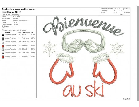 Motif de broderie machine moufles et masque   bienvenue au ski