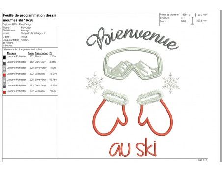 Motif de broderie machine moufles et masque   bienvenue au ski