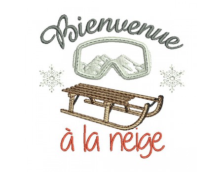 Motif de broderie machine Luge et masque de ski bienvenue à la neige