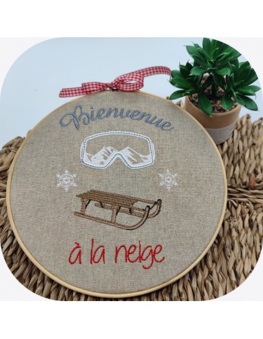 Motif de broderie machine Luge et masque de ski bienvenue à la neige