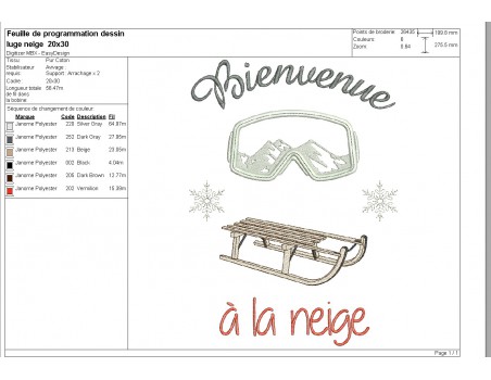 Motif de broderie machine Luge et masque de ski bienvenue à la neige