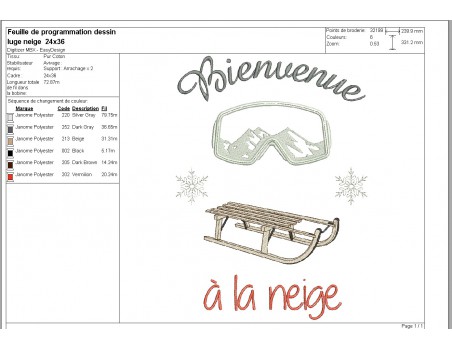 Motif de broderie machine Luge et masque de ski bienvenue à la neige