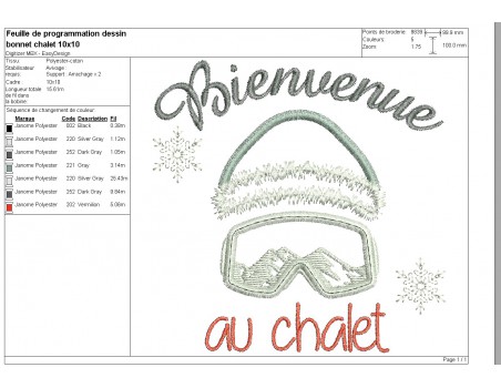 Motif de broderie machine bonnet ski  bienvenue au chalet