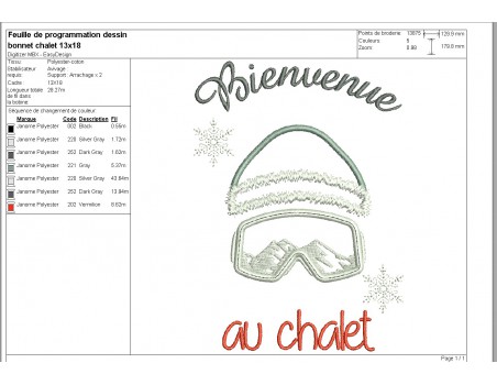 Motif de broderie machine bonnet ski  bienvenue au chalet