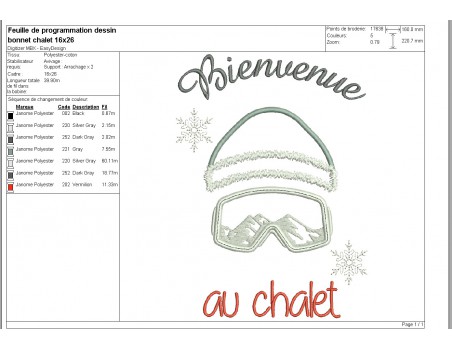 Motif de broderie machine bonnet ski  bienvenue au chalet