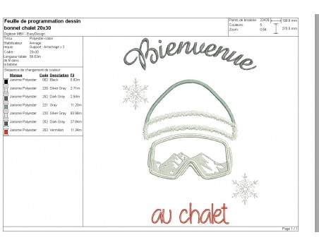 Motif de broderie machine bonnet ski  bienvenue au chalet