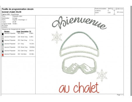 Motif de broderie machine bonnet ski  bienvenue au chalet