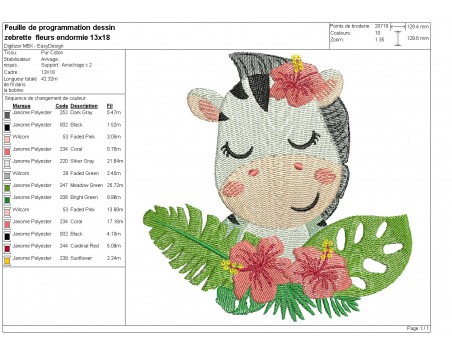 Motif de broderie machine zebrelle endormie avec ses fleurs