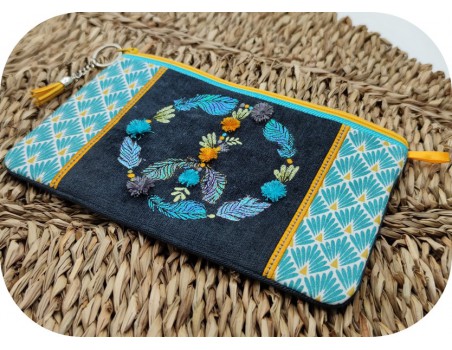 machine embroidery design  ith pencil case boho and feathers mylar
