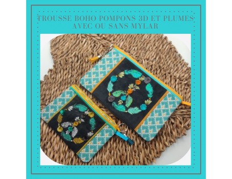 Motif de broderie machine ITH trousse pompons Boho et ses plumes en mylar