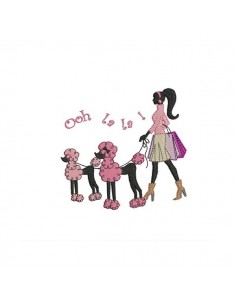 woman  paris and her poodles embroidery design