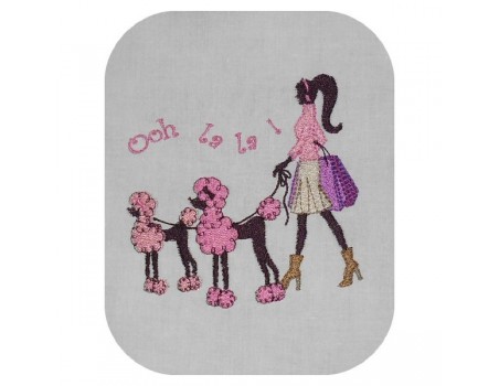 Motif de broderie machine Paris silhouette femme parisienne avec ses caniches