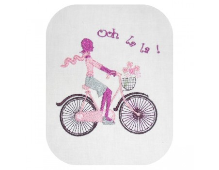 Motif de broderie machine Paris  silhouette femme Parisienne à vélo