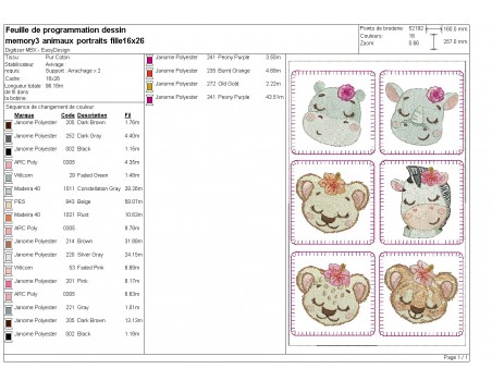 Motif de broderie machine ITH memory 3  animaux portraits fille