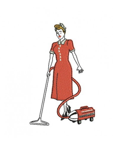 Motif de broderie machine femme des années 50 passant l'aspirateur