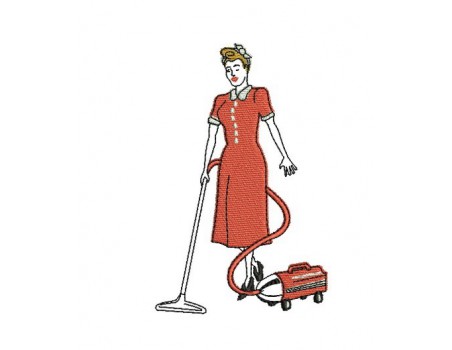 Motif de broderie machine femme des années 50 passant l'aspirateur