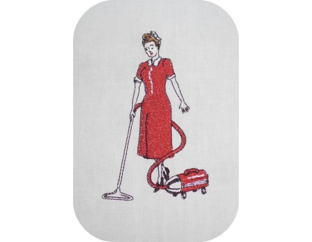 Motif de broderie machine femme des années 50 passant l'aspirateur