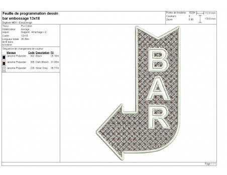 machine embroidery design arrow BAR embossed