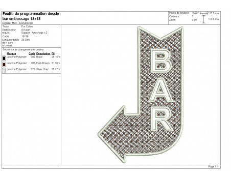 Motif de broderie machine  flèche Bar  en embossage