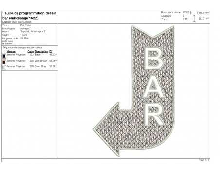 Motif de broderie machine  flèche Bar  en embossage