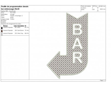 Motif de broderie machine  flèche Bar  en embossage