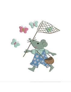 Motif de broderie machine souris à la chasse aux papillons