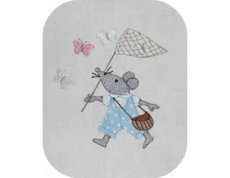 Motif de broderie machine souris à la chasse aux papillons