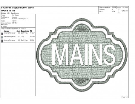 Motif de broderie machine  texte mains en embossage