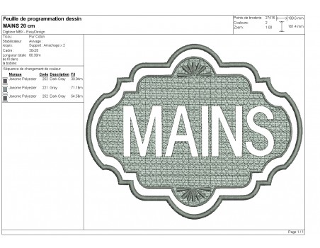 Motif de broderie machine  texte mains en embossage