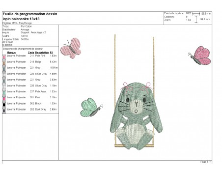 Motif de broderie machine  lapin sur sa balançoire