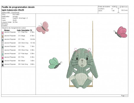 Motif de broderie machine  lapin sur sa balançoire