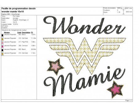 Motif de broderie machine wonder mamie en mylar