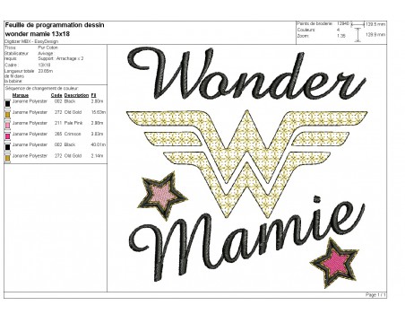 Motif de broderie machine wonder mamie en mylar