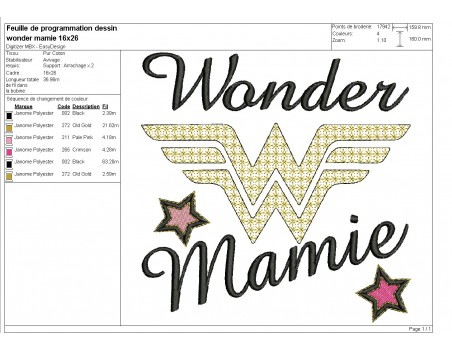 Motif de broderie machine wonder mamie en mylar