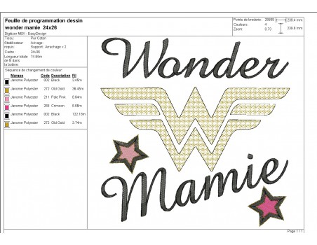 Motif de broderie machine wonder mamie en mylar