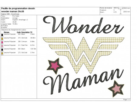 machine embroidery design mylar  wonder maman