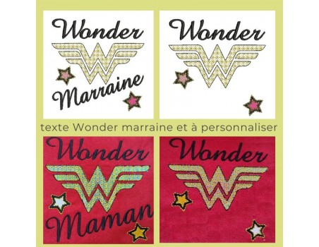 Motif de broderie machine texte  wonder à personnaliser en mylar