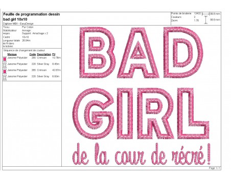 machine embroidery design bad girl in the playground text